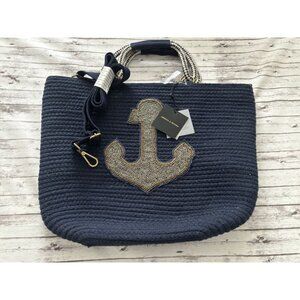 America & Beyond Embellished Jute Tote Crossbody Strap Whale Vacation Beach NWT